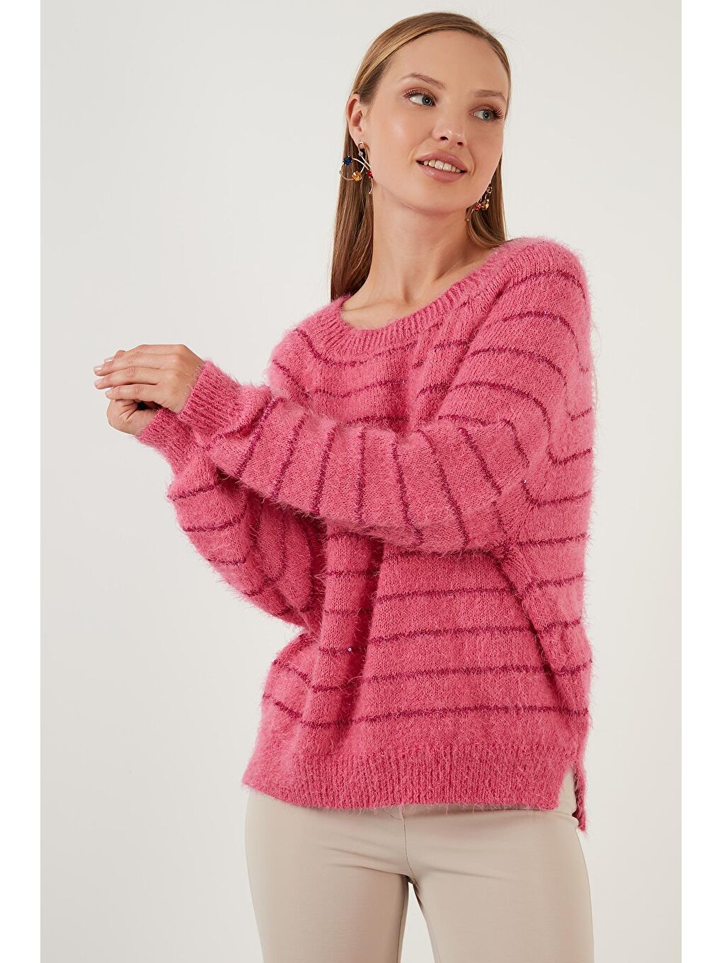 Pembe Çizgili Sakal İplikli Bisiklet Yaka Triko Kazak 63621517-2