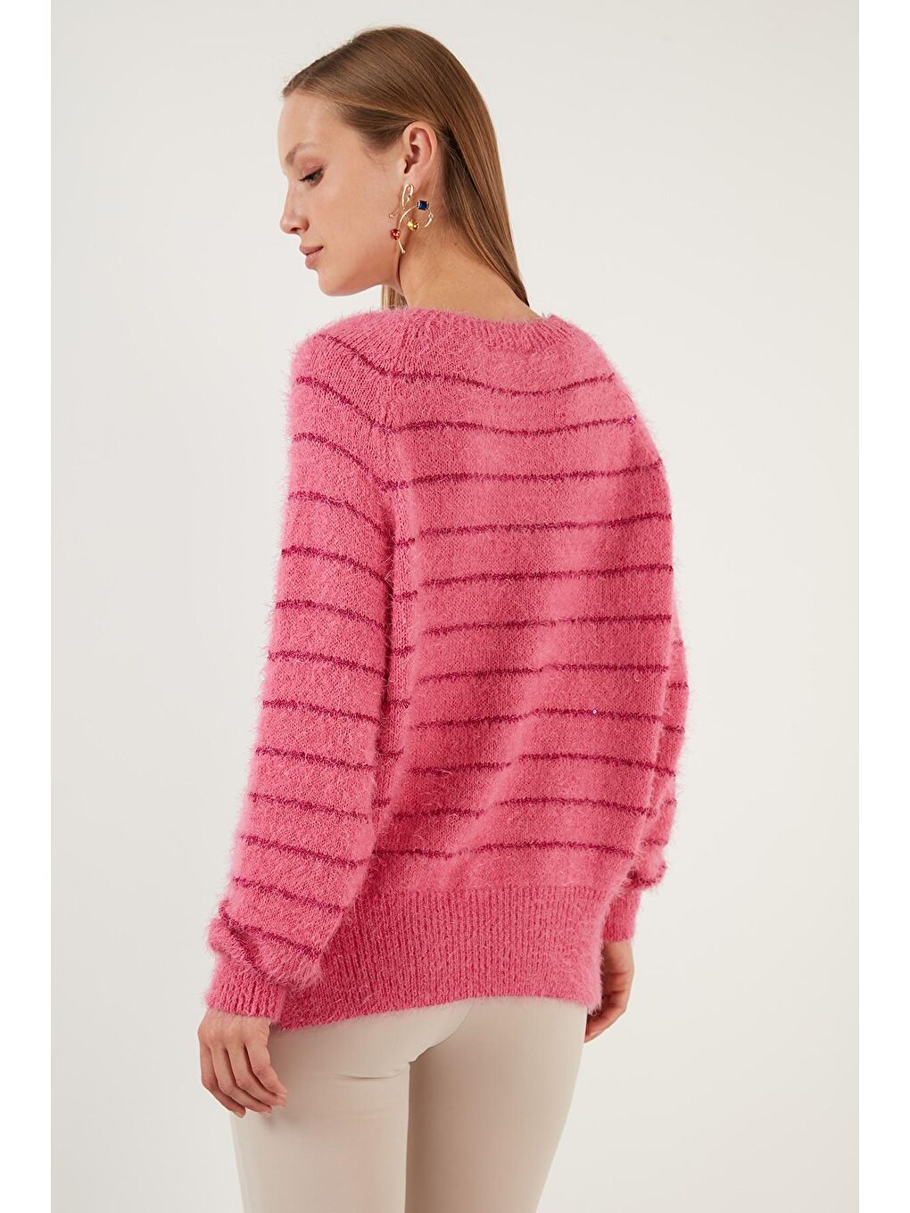 Pembe Çizgili Sakal İplikli Bisiklet Yaka Triko Kazak 63621517-4