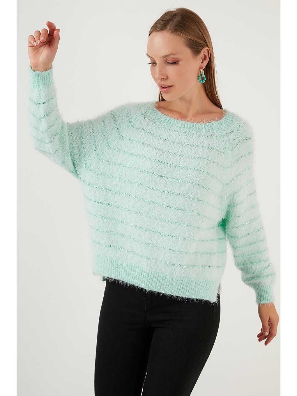 Yeşil Çizgili Sakal İplikli Bisiklet Yaka Triko Kazak 63621517