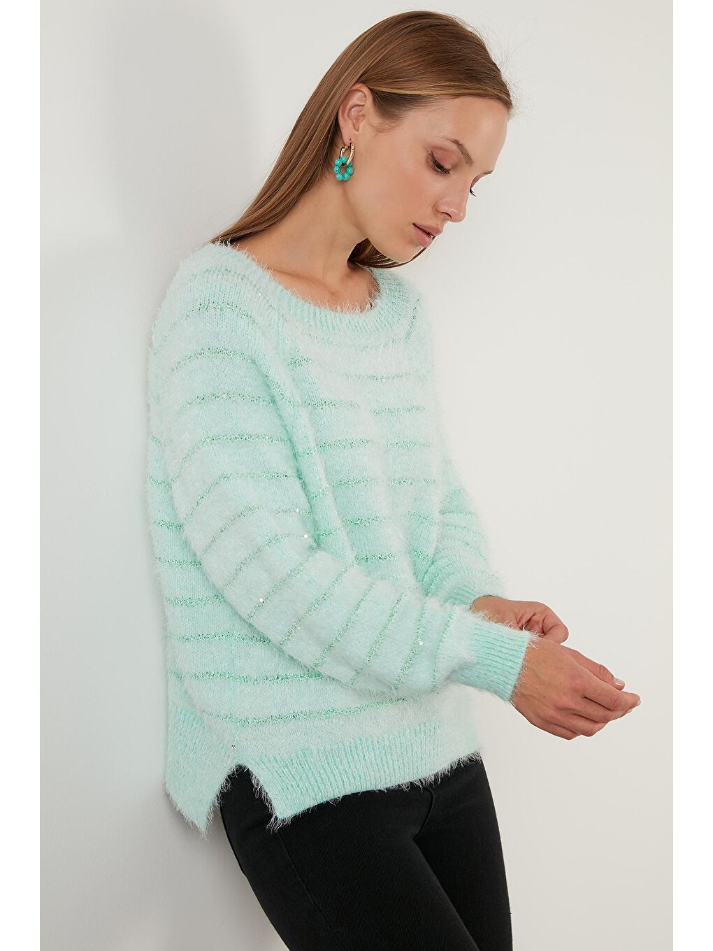 Yeşil Çizgili Sakal İplikli Bisiklet Yaka Triko Kazak 63621517-1