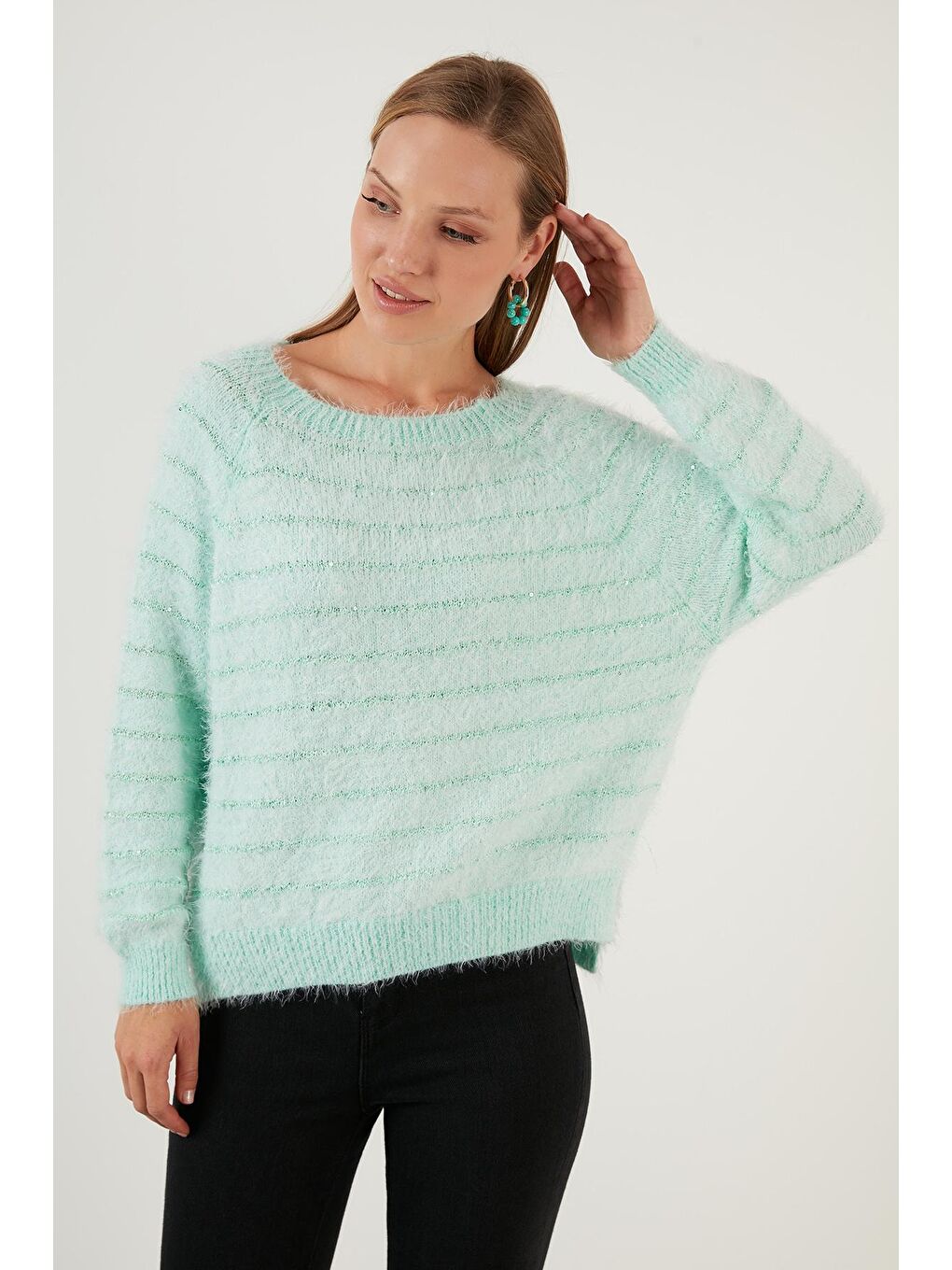 Yeşil Çizgili Sakal İplikli Bisiklet Yaka Triko Kazak 63621517-2