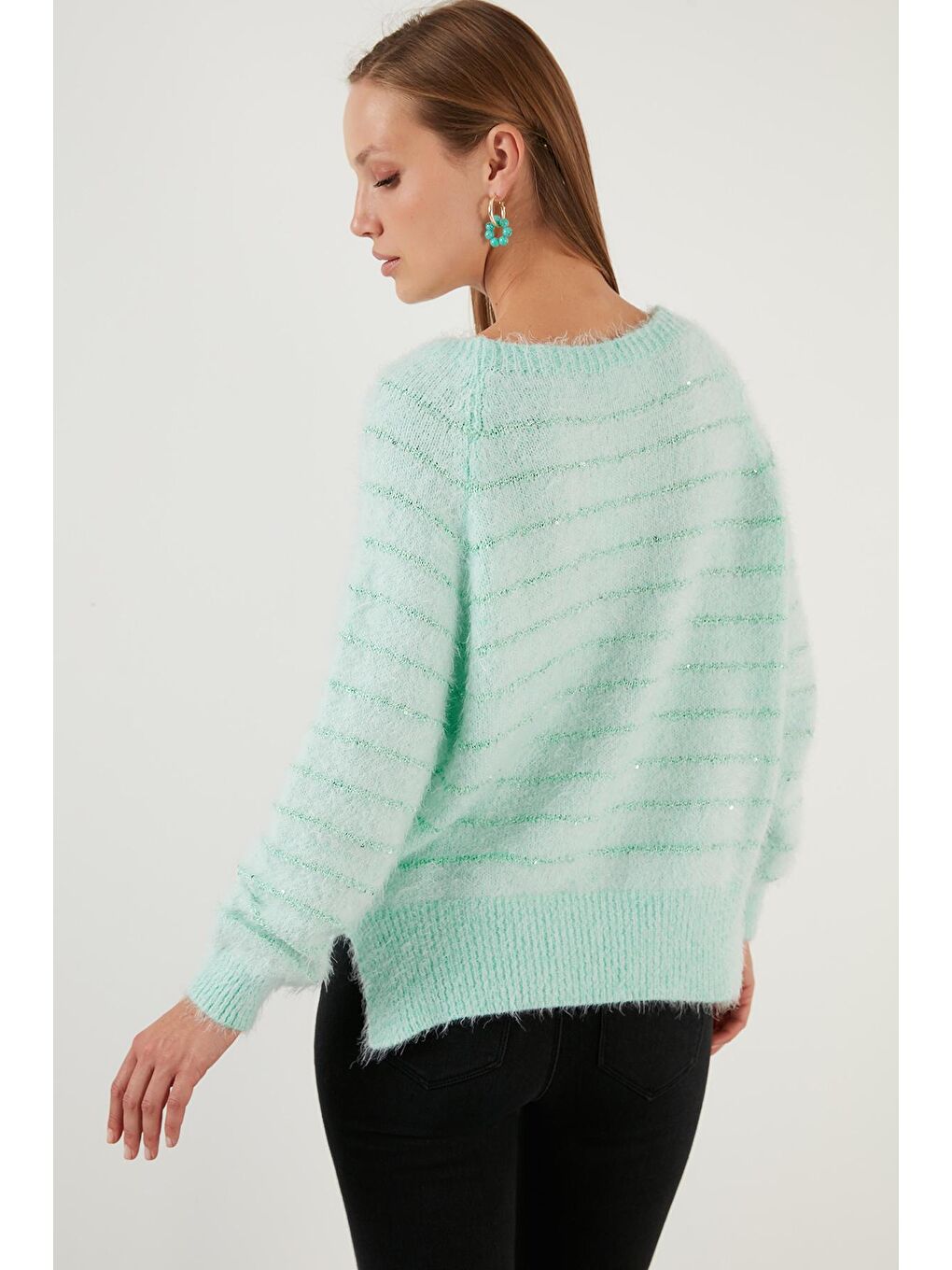 Yeşil Çizgili Sakal İplikli Bisiklet Yaka Triko Kazak 63621517-4