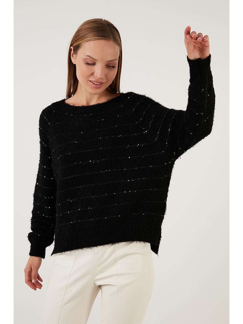 Siyah Çizgili Sakal İplikli Bisiklet Yaka Triko Kazak 63621517