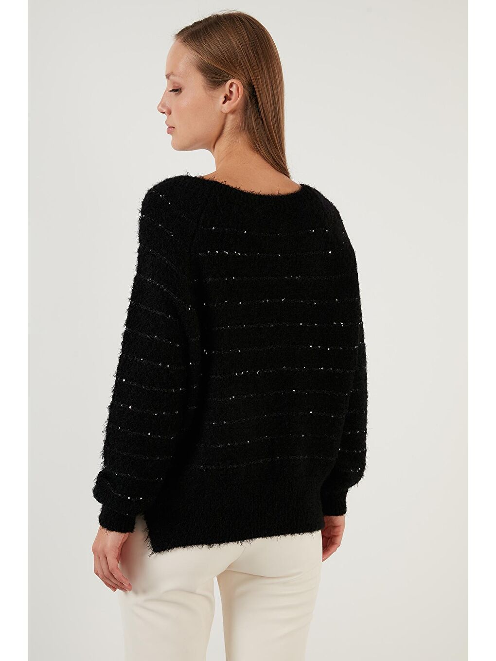 Siyah Çizgili Sakal İplikli Bisiklet Yaka Triko Kazak 63621517-4