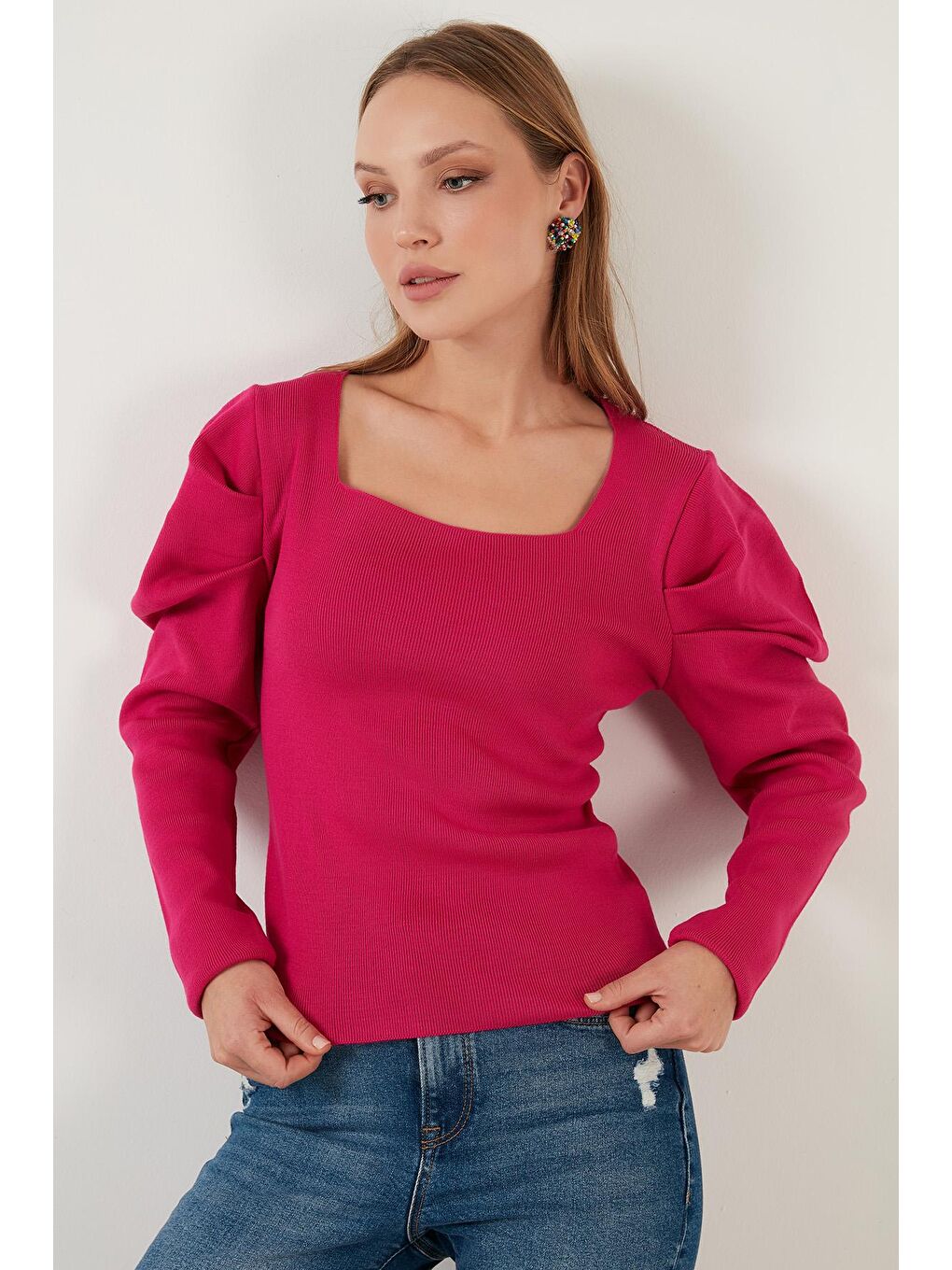 Fuşya Kol Büzgülü Kare Yaka Triko Kazak 6362161-1