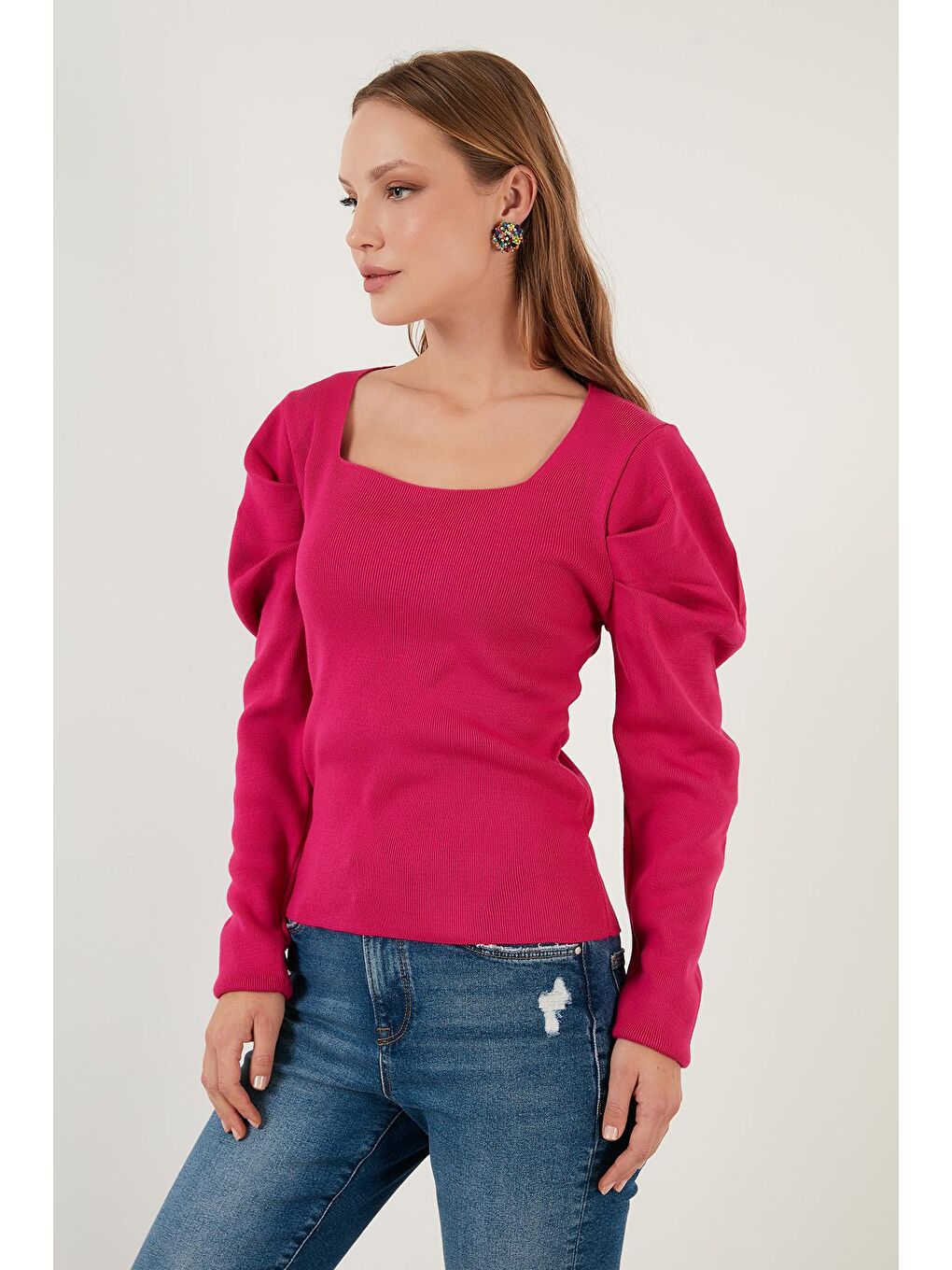Fuşya Kol Büzgülü Kare Yaka Triko Kazak 6362161-2