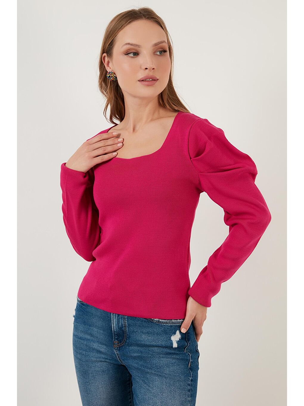 Fuşya Kol Büzgülü Kare Yaka Triko Kazak 6362161-3