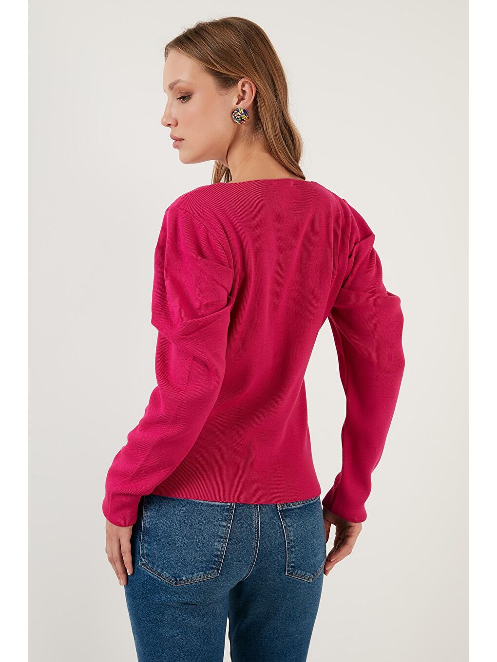Fuşya Kol Büzgülü Kare Yaka Triko Kazak 6362161-4