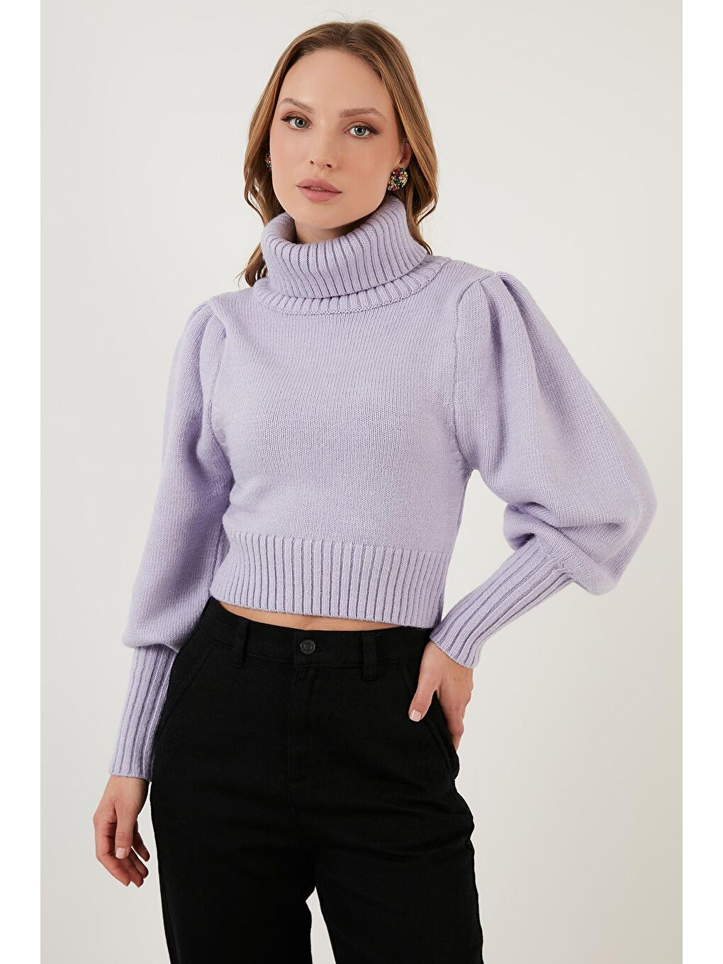 Lila Kol Detaylı Boğazlı Yaka Kazak 63622534-1