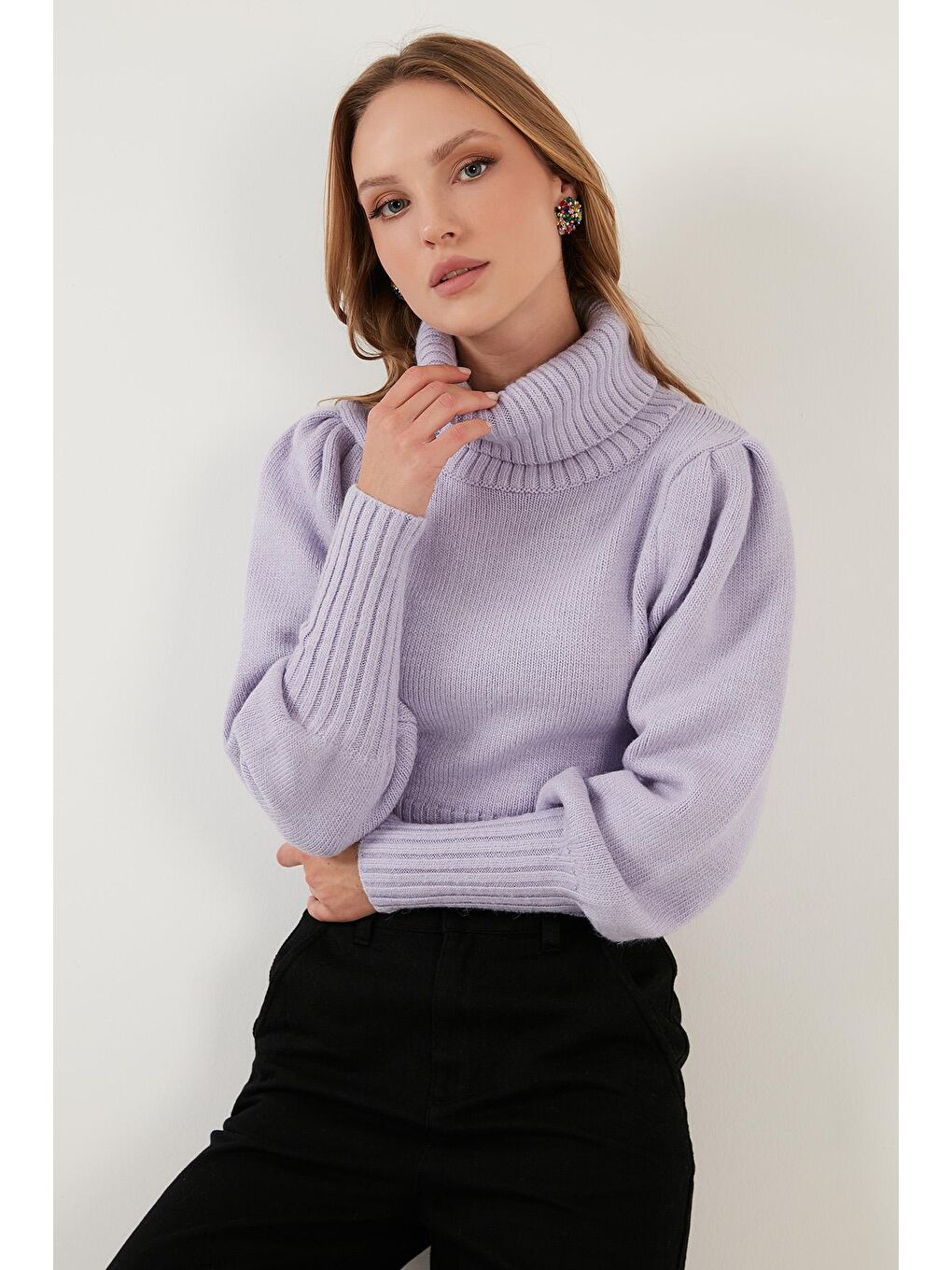 Lila Kol Detaylı Boğazlı Yaka Kazak 63622534-2