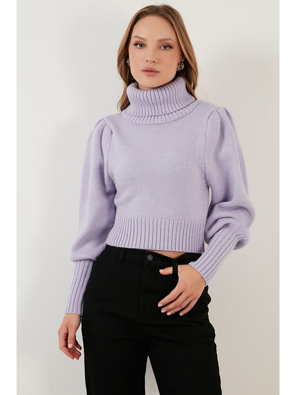 Lila Kol Detaylı Boğazlı Yaka Kazak 63622534-3