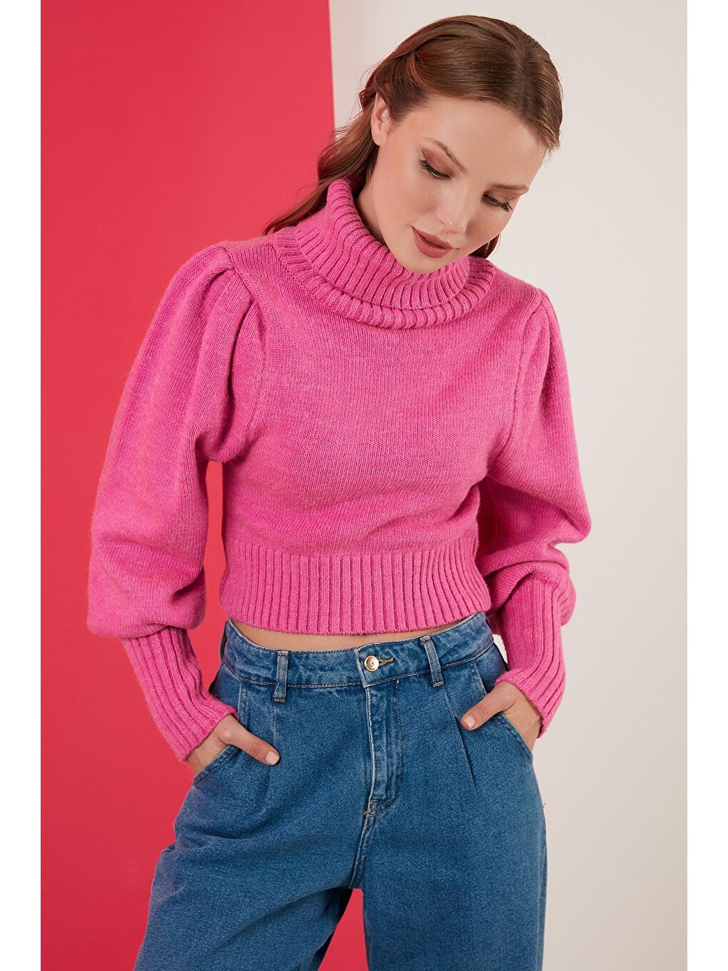 Fuşya Kol Detaylı Boğazlı Yaka Kazak 63622534