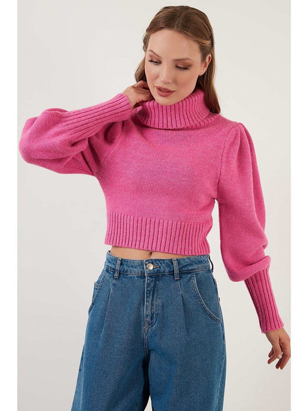 Fuşya Kol Detaylı Boğazlı Yaka Kazak 63622534-1