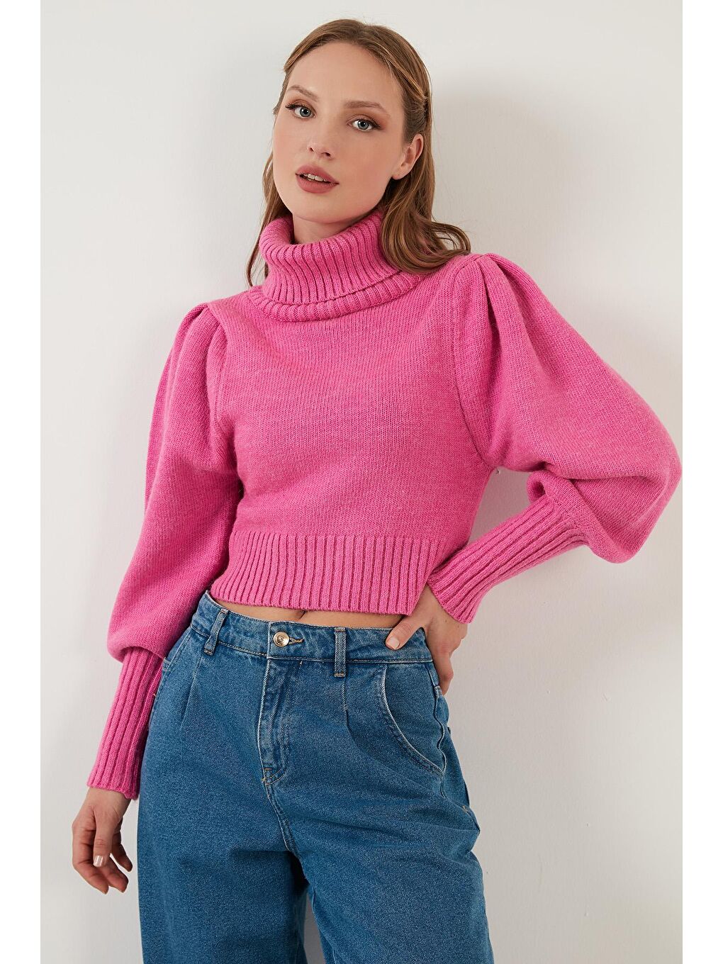 Fuşya Kol Detaylı Boğazlı Yaka Kazak 63622534-2