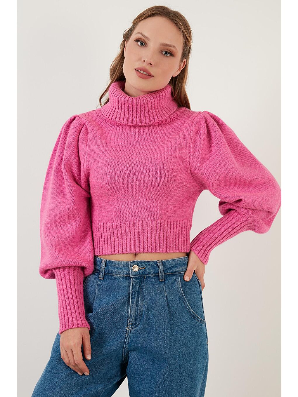 Fuşya Kol Detaylı Boğazlı Yaka Kazak 63622534-3