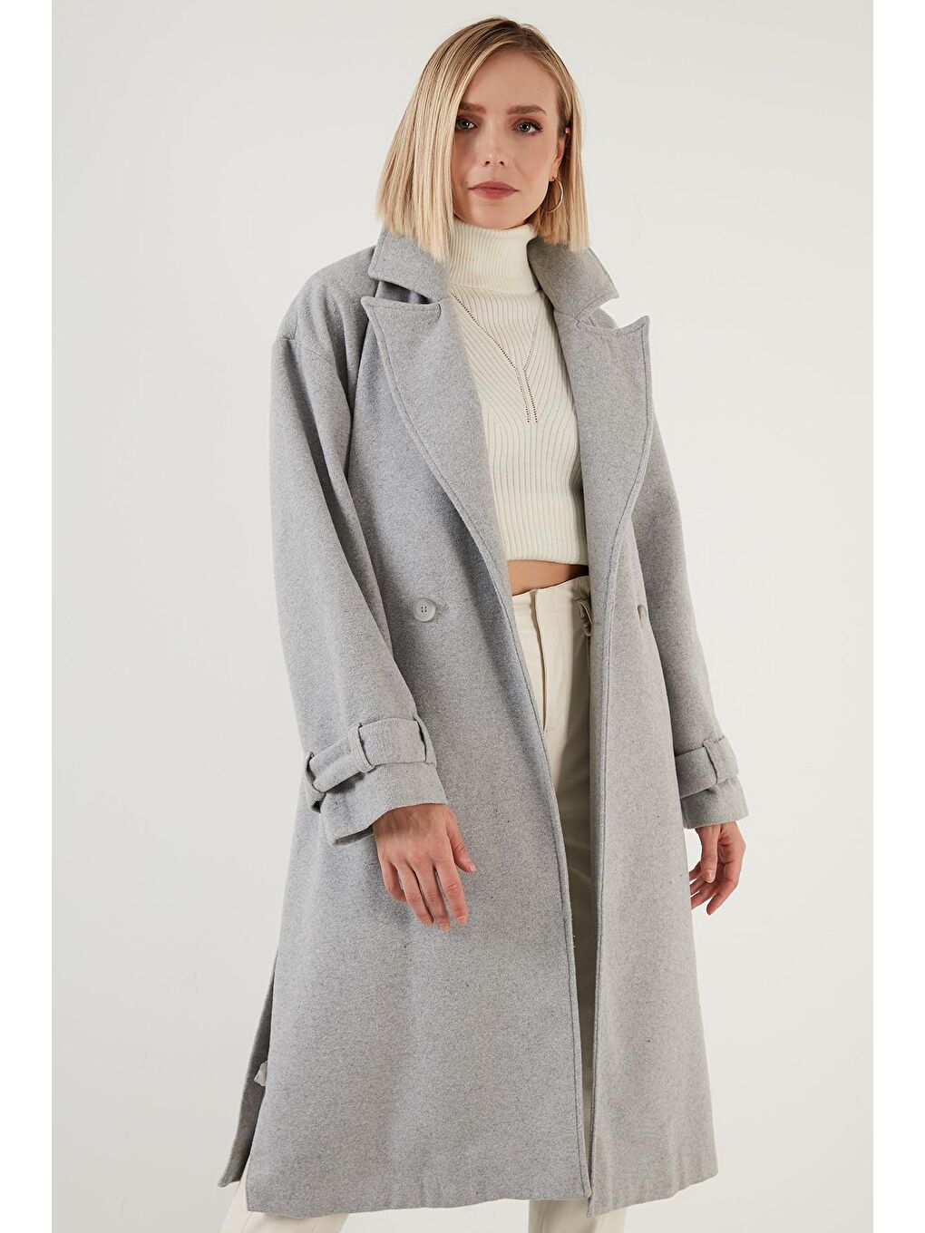 Gri Pamuklu Regular Fit Kemerli Yırtmaçlı Uzun Kaban 6380015-3