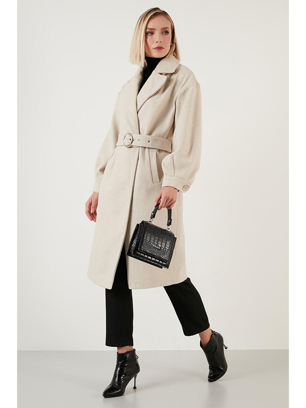 Gri Pamuklu Regular Fit Kemerli Balon Kol Uzun Kaban 6380029