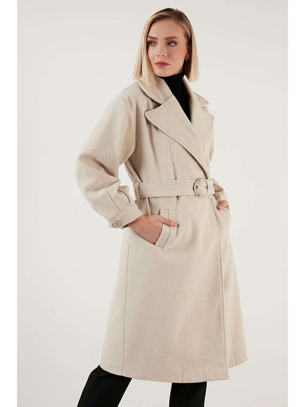 Gri Pamuklu Regular Fit Kemerli Balon Kol Uzun Kaban 6380029-1