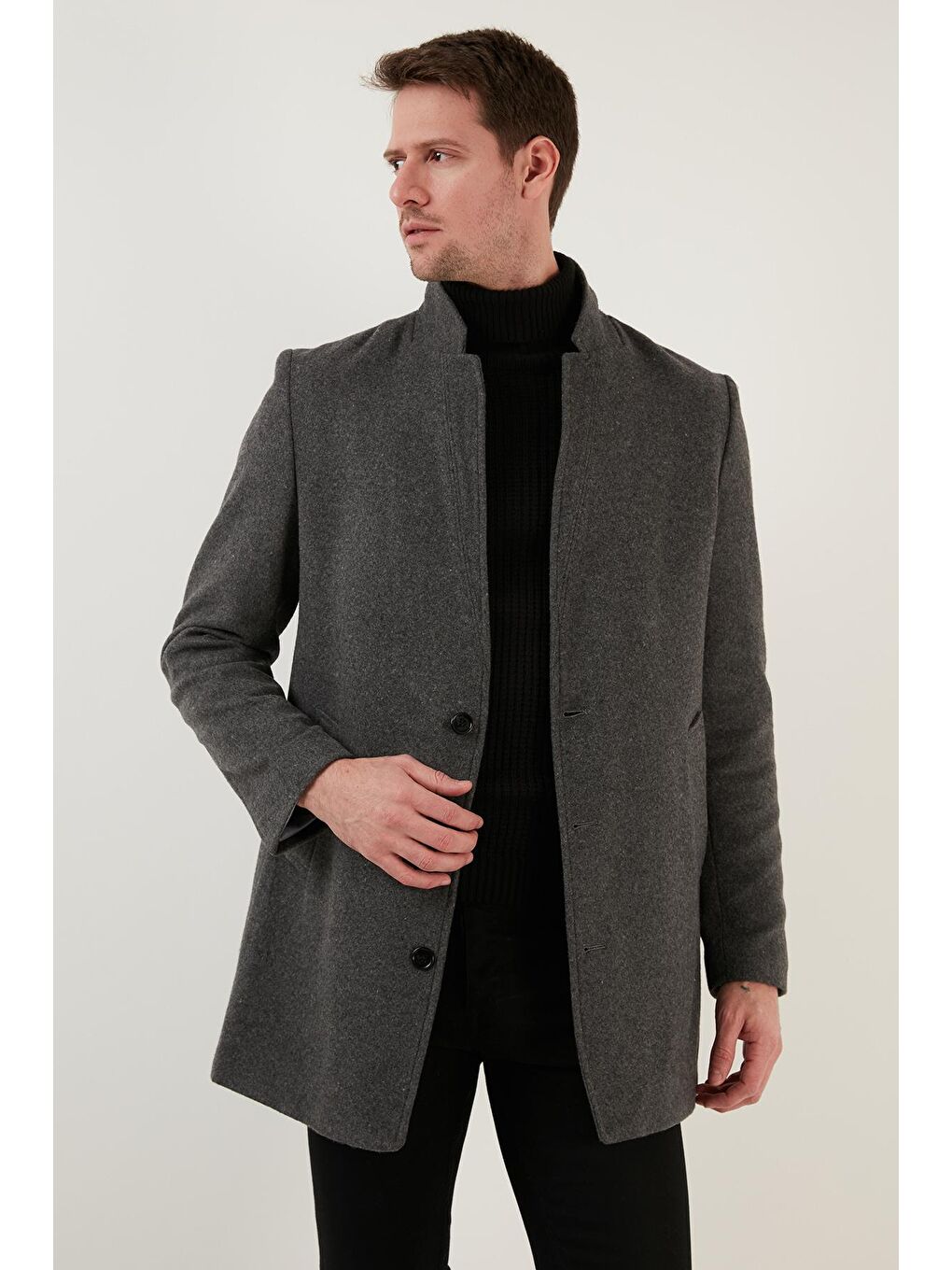 Gri Slim Fit Tek Yırtmaçlı Dik Yaka Kaşe Kaban 6440401