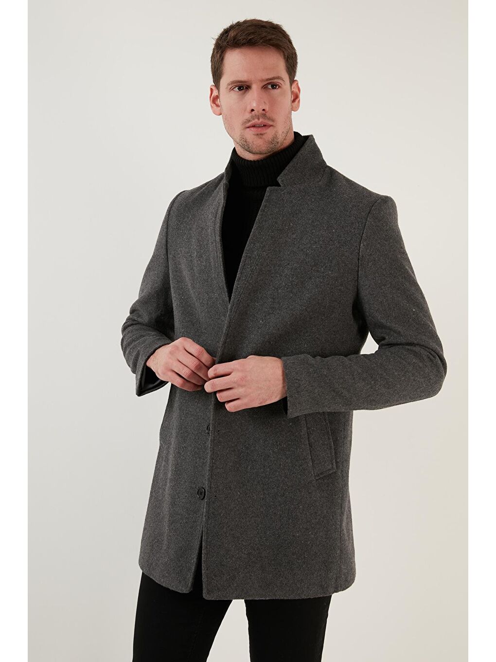 Gri Slim Fit Tek Yırtmaçlı Dik Yaka Kaşe Kaban 6440401-1