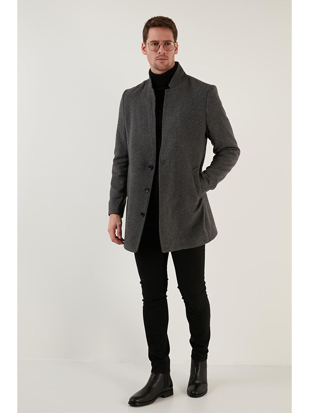 Gri Slim Fit Tek Yırtmaçlı Dik Yaka Kaşe Kaban 6440401-2