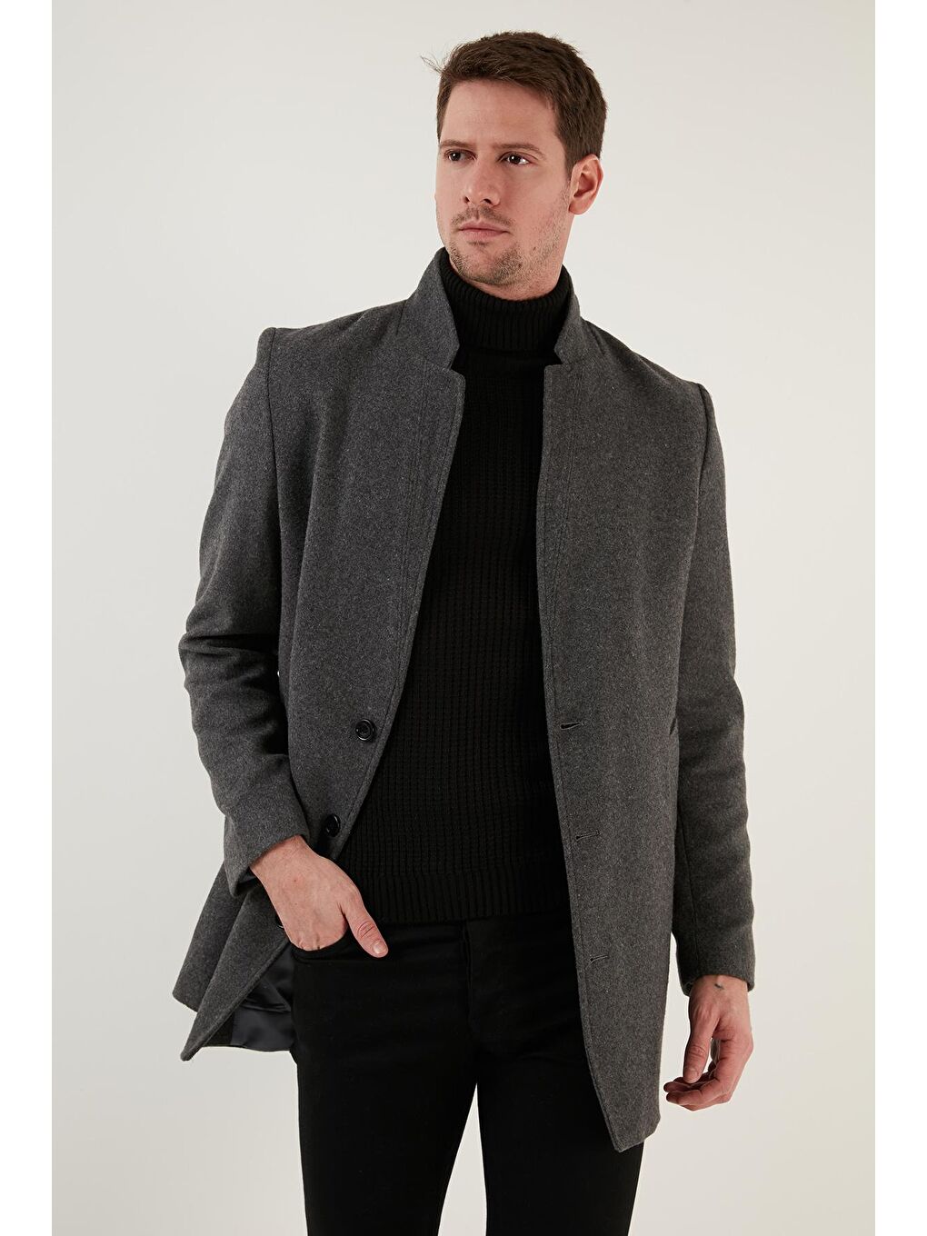 Gri Slim Fit Tek Yırtmaçlı Dik Yaka Kaşe Kaban 6440401-3