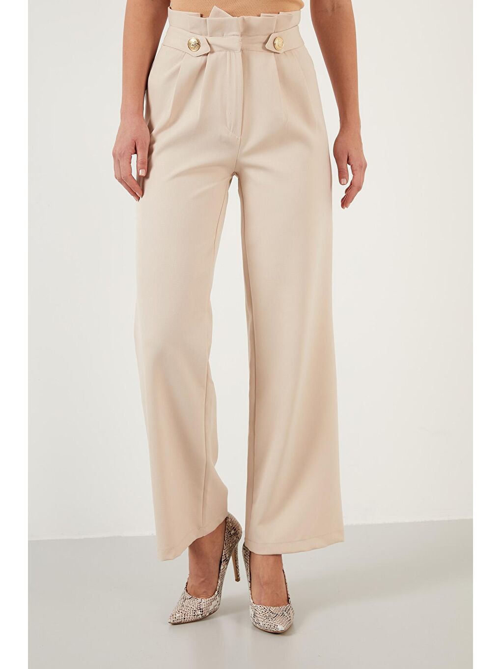 Bej Yüksek Bel Bol Paça Kumaş Pantolon 6476001-1