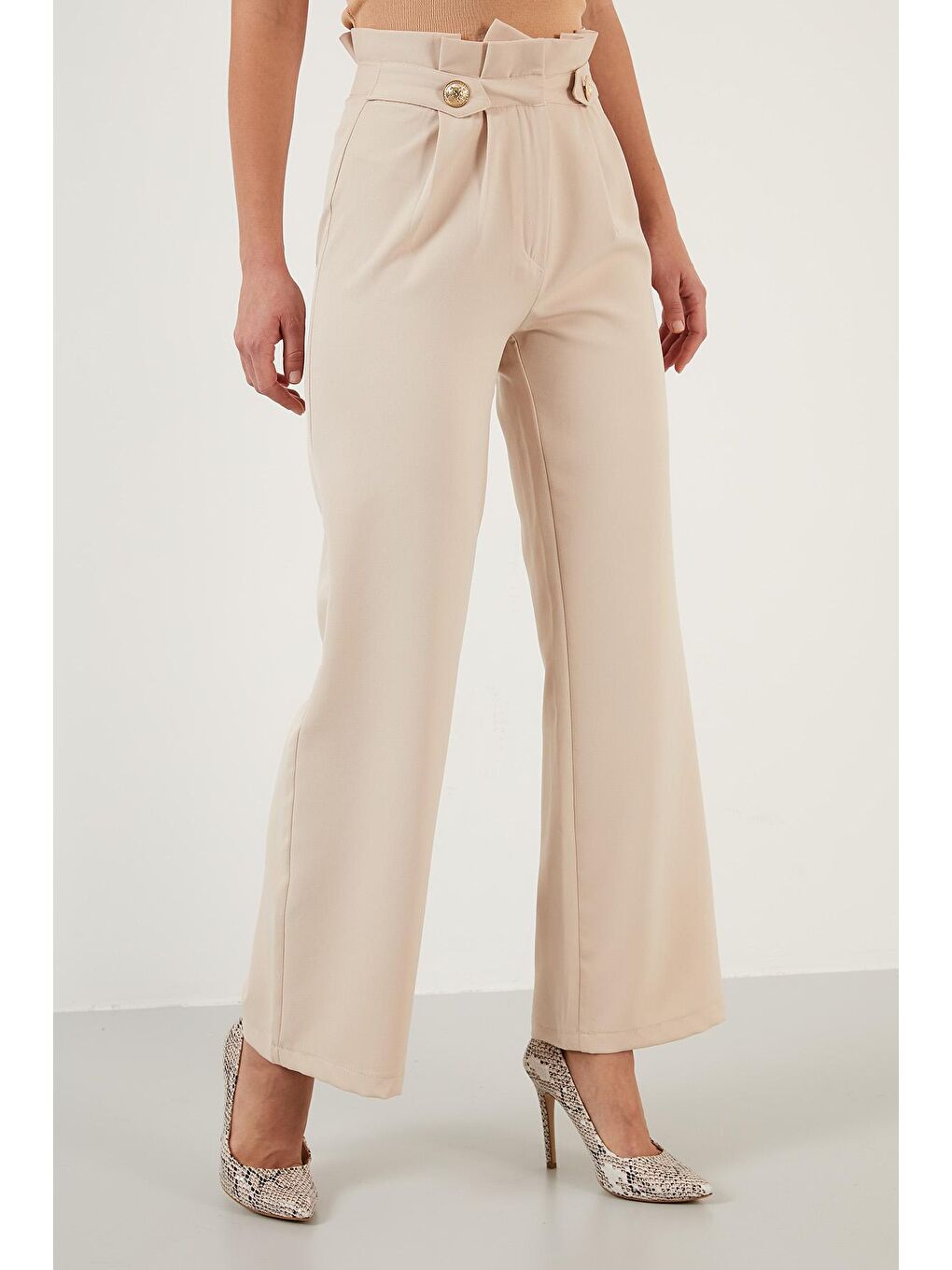 Bej Yüksek Bel Bol Paça Kumaş Pantolon 6476001-2