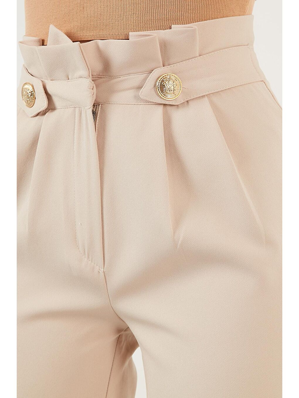 Bej Yüksek Bel Bol Paça Kumaş Pantolon 6476001-3