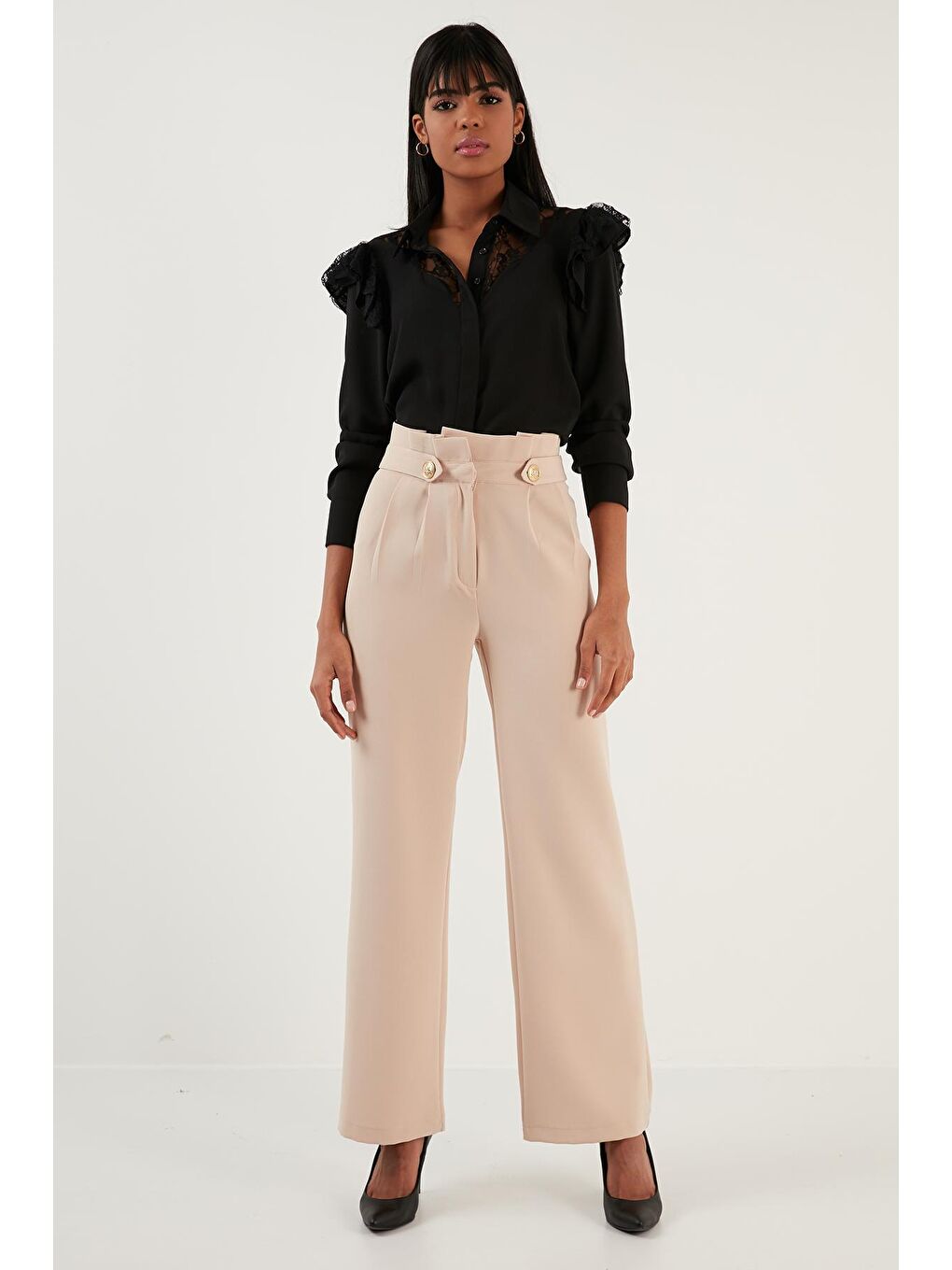 Kahverengi Yüksek Bel Bol Paça Kumaş Pantolon 6476001