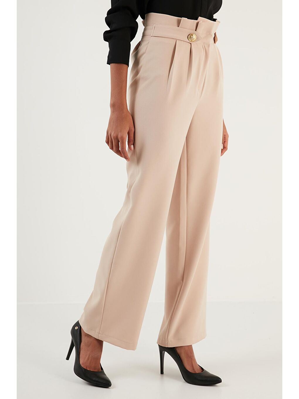 Kahverengi Yüksek Bel Bol Paça Kumaş Pantolon 6476001-1