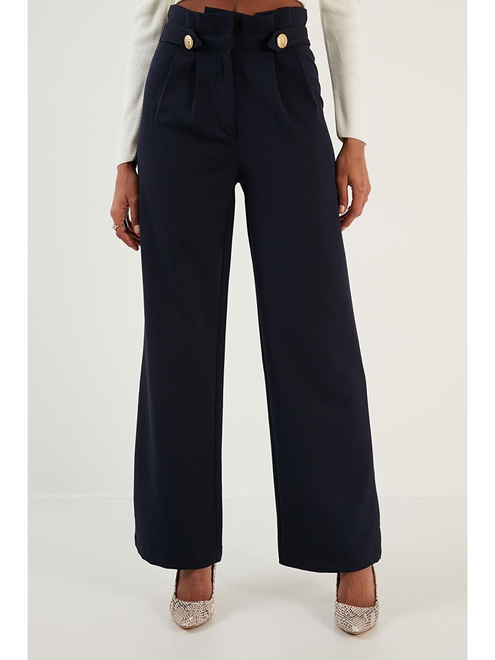 Lacivert Yüksek Bel Bol Paça Kumaş Pantolon 6476001-1