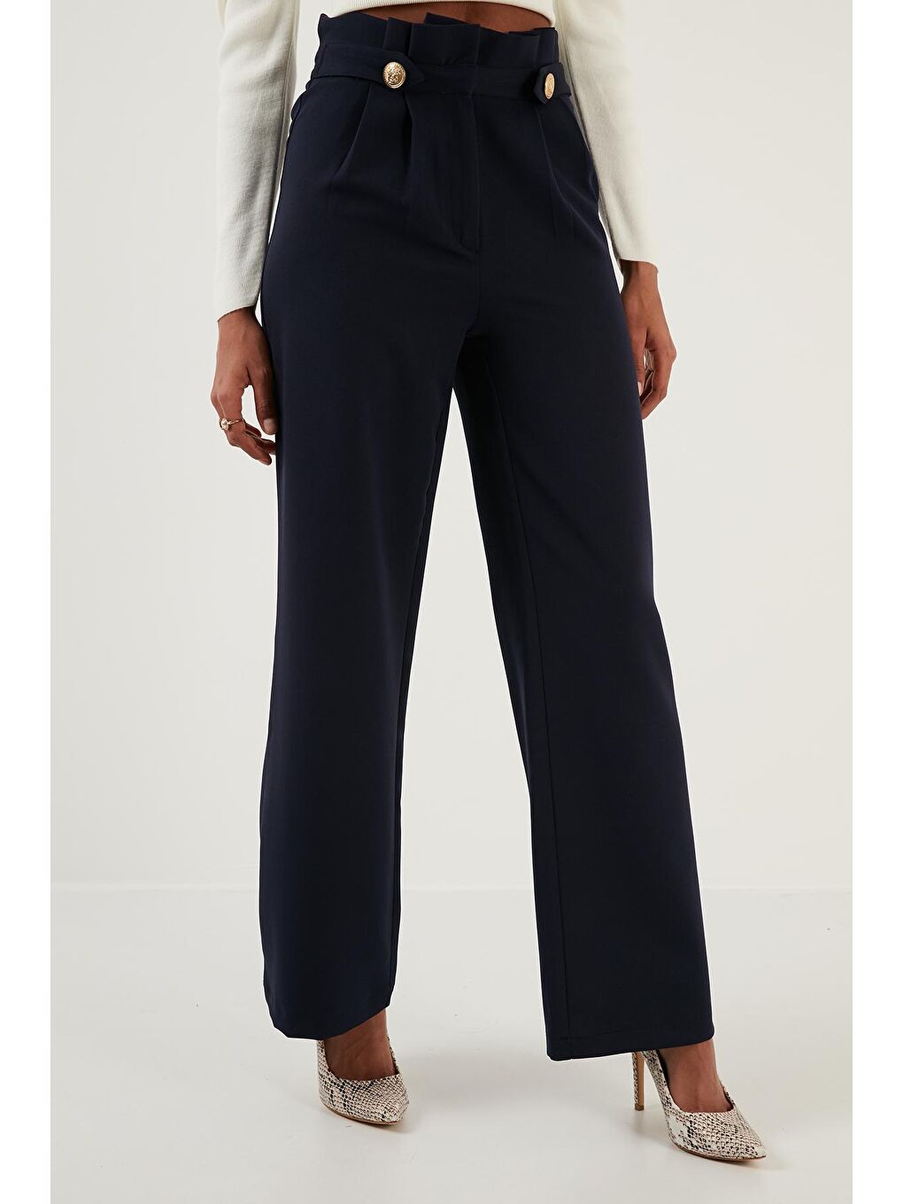 Lacivert Yüksek Bel Bol Paça Kumaş Pantolon 6476001-2