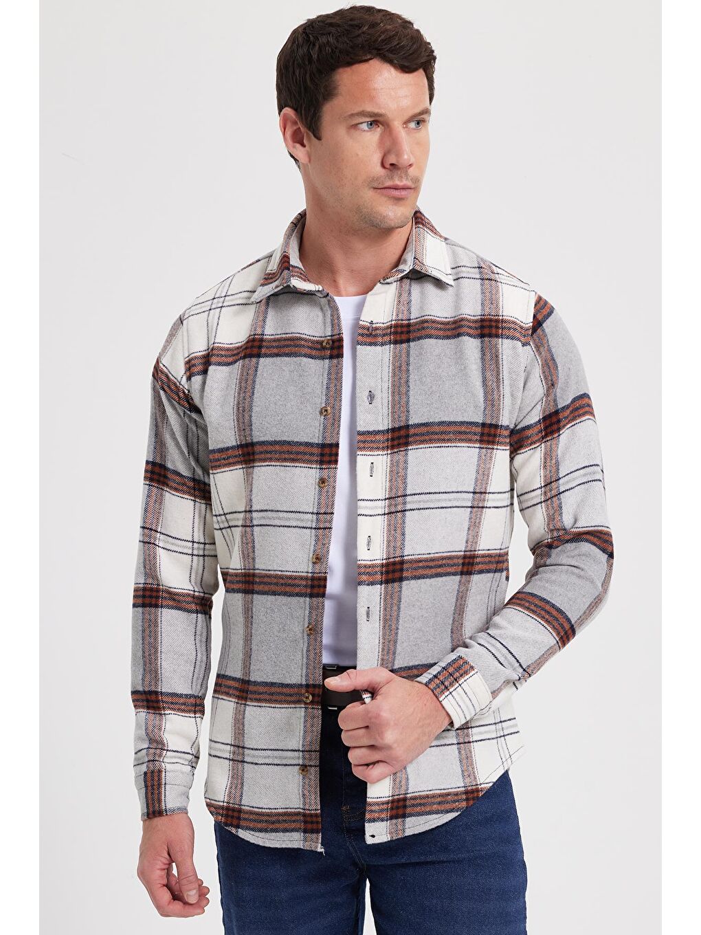 Gri Erkek Slim Fit Dar Kesim Kareli Kışlık Oduncu Gömlek