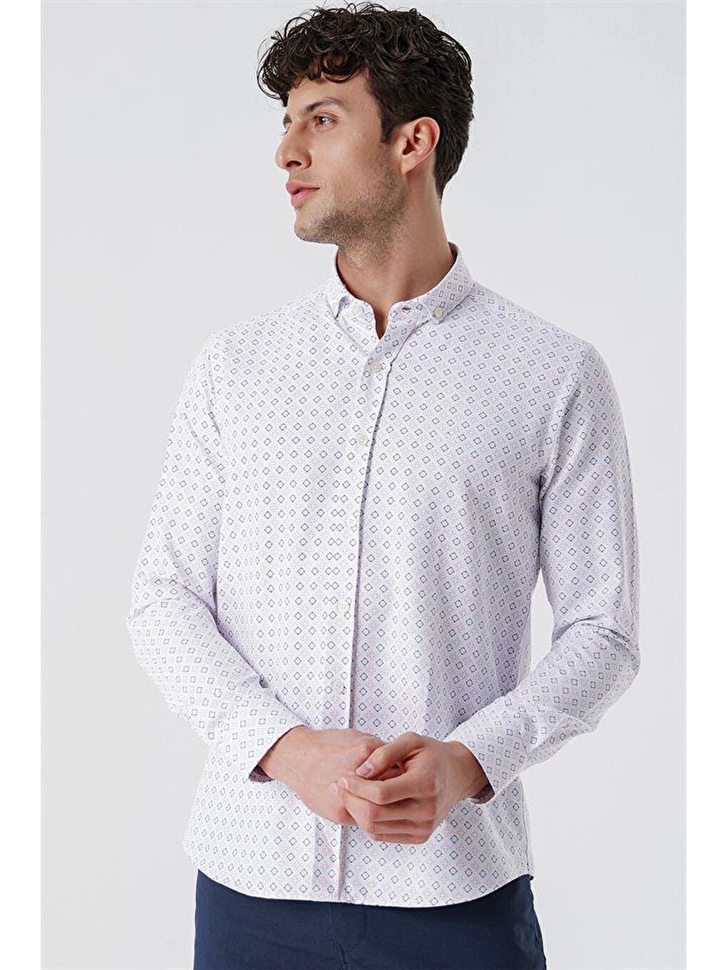 Ekru Uzun Kollu Baskılı Oxford Cepsiz Pamuklu Klasik Slim Fit Dar Kesim Gömlek 1004230167