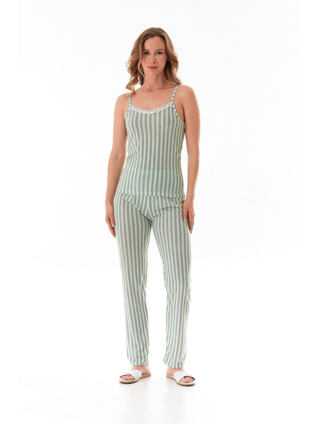 Turkuaz İnce Çizgili Askılı Dantelli Pijama Takımı-2