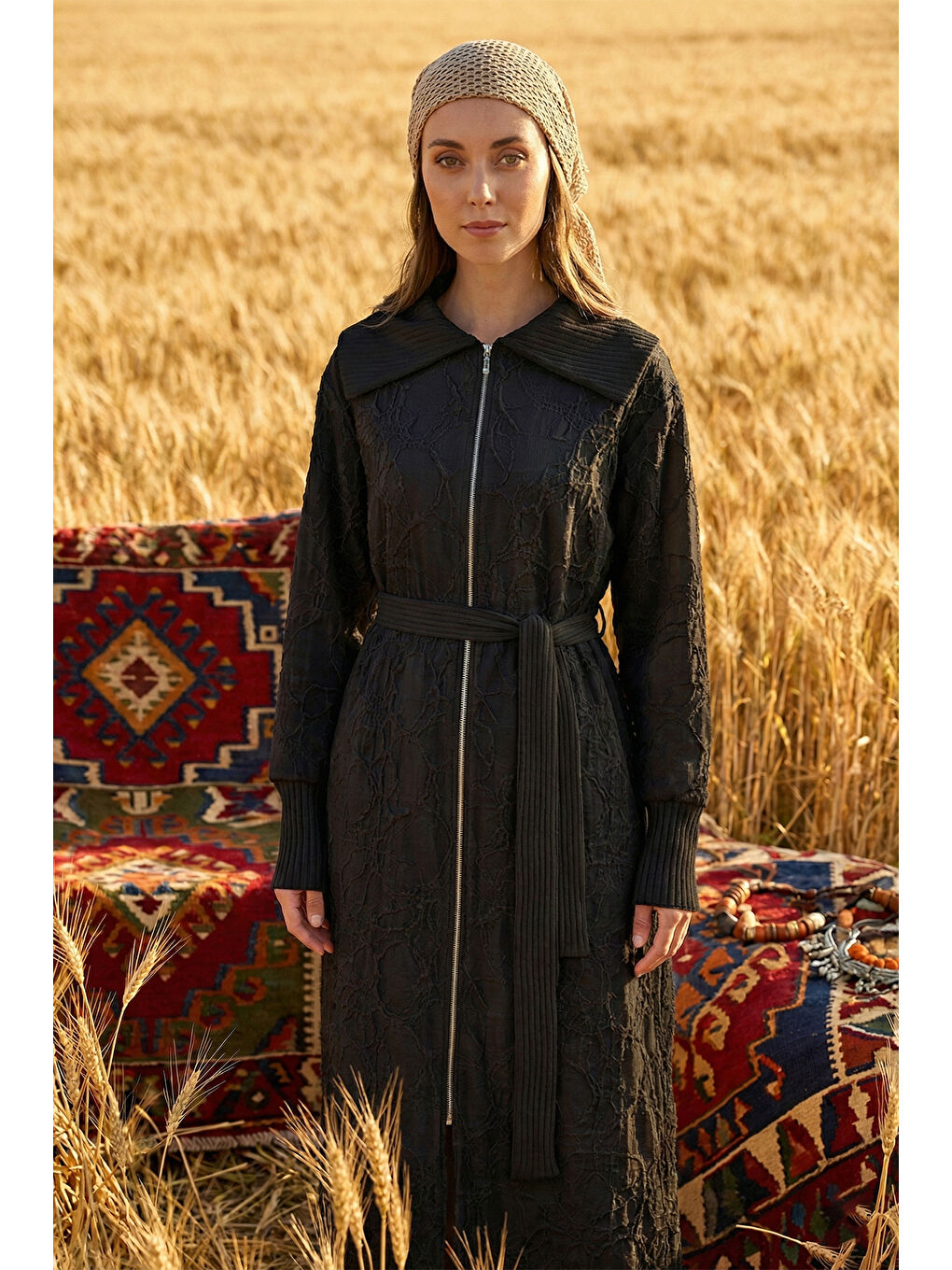 Önü Fermuarlı Triko Kol Detay Kuşaklı Kap Ceket 6047 Siyah-1