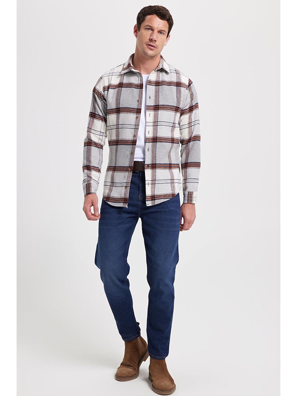 Gri Erkek Slim Fit Dar Kesim Kareli Kışlık Oduncu Gömlek-2