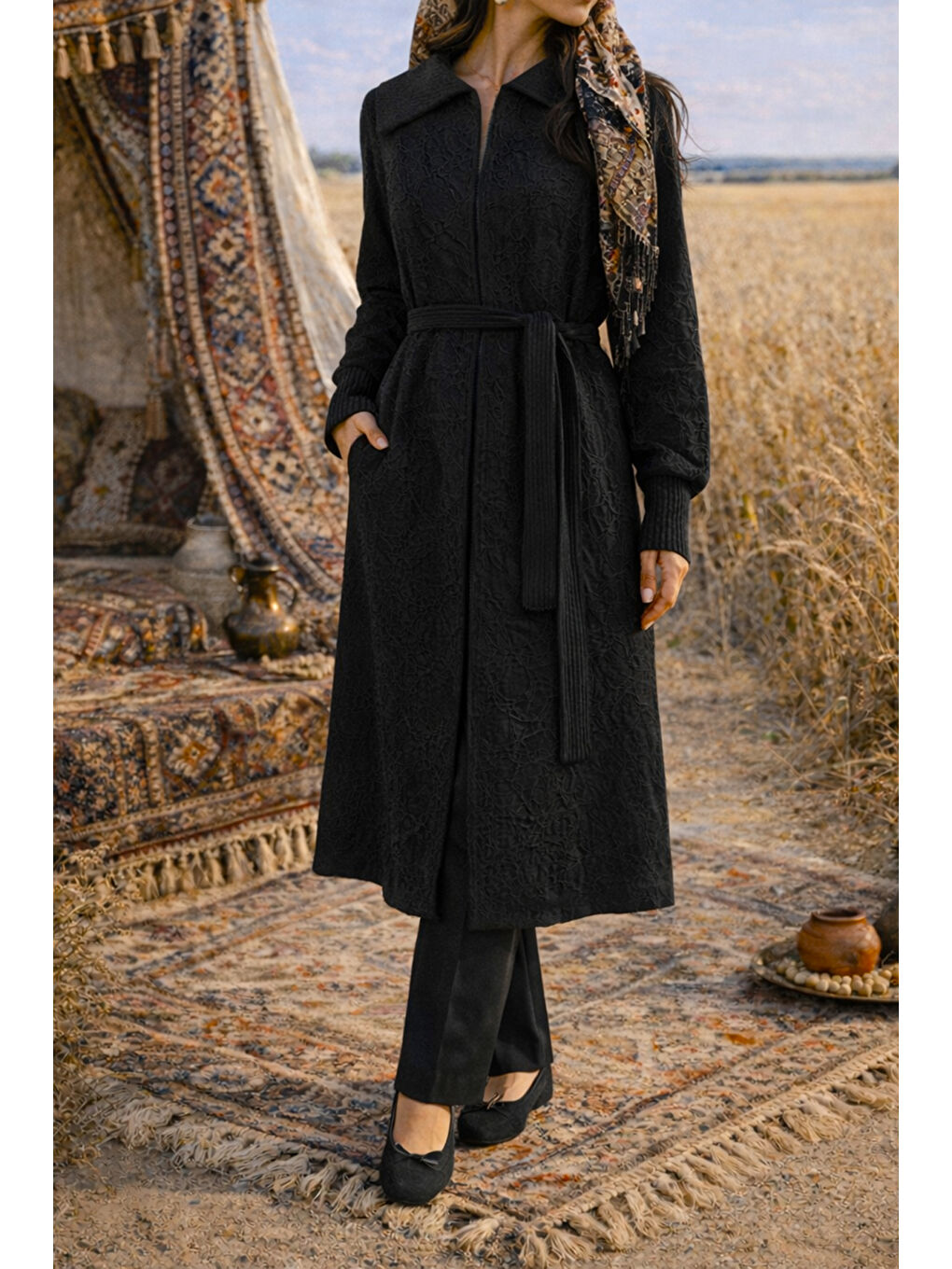 Önü Fermuarlı Triko Kol Detay Kuşaklı Kap Ceket 6047 Siyah-2