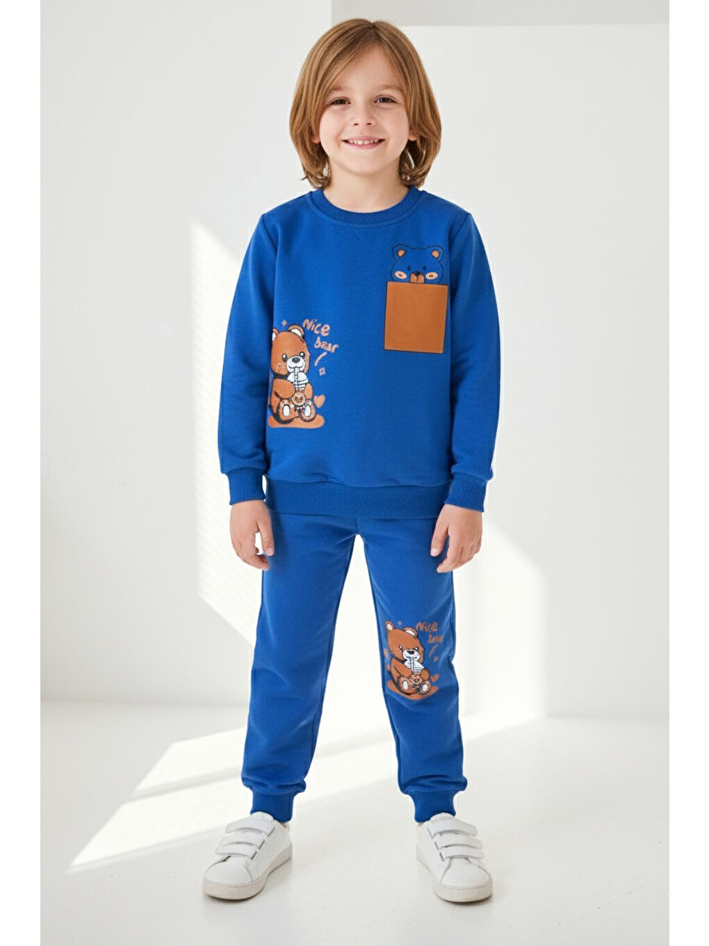 Mavi Erkek Çocuk Saks Baskılı İki İplik İkili Takım - 27968-SAKS