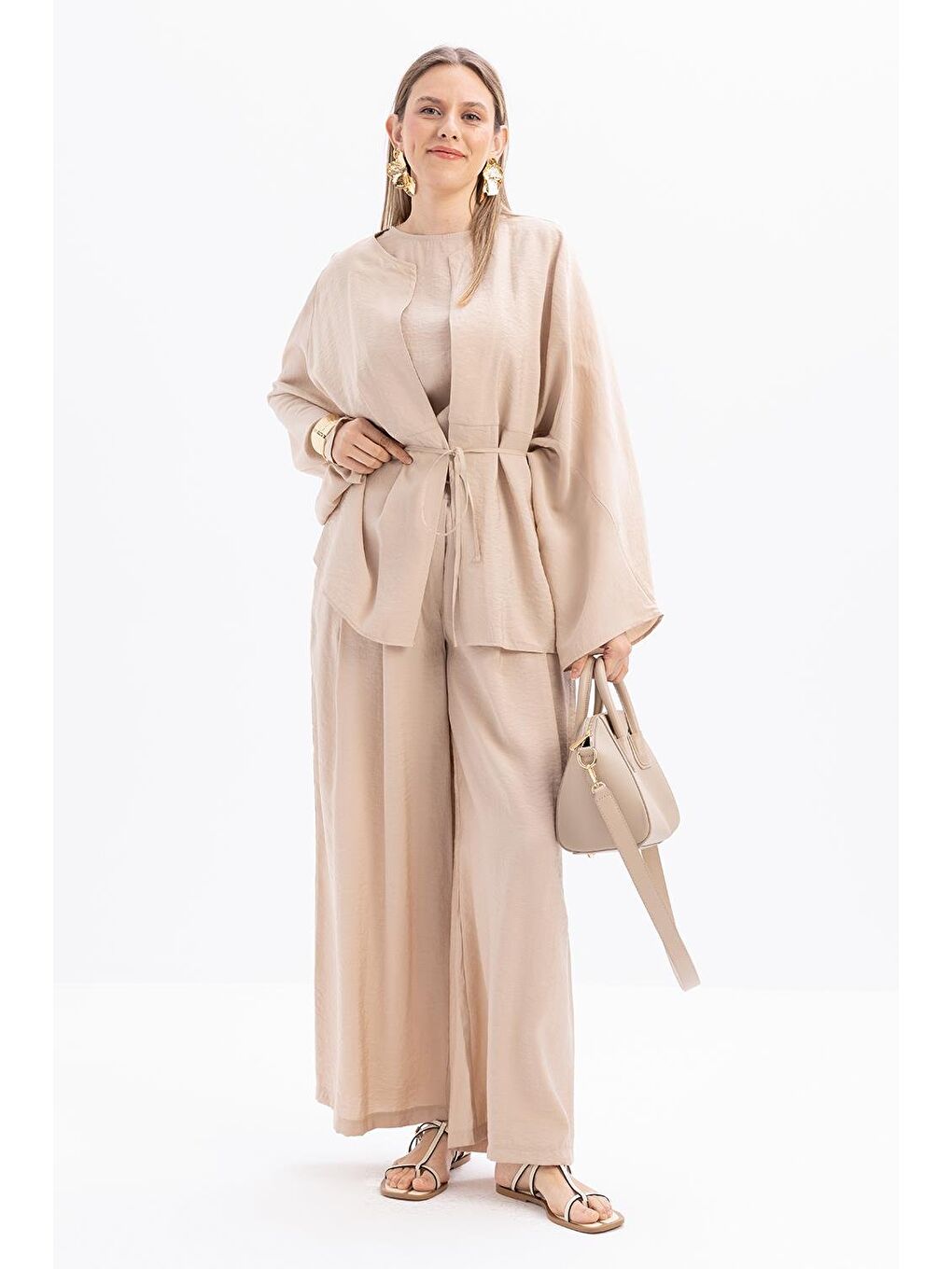 Bej-Belden Bağcıklı Modal Kimono-1