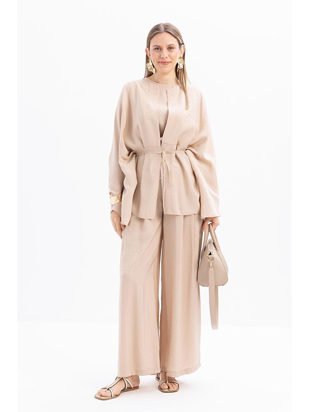 Bej-Belden Bağcıklı Modal Kimono-2