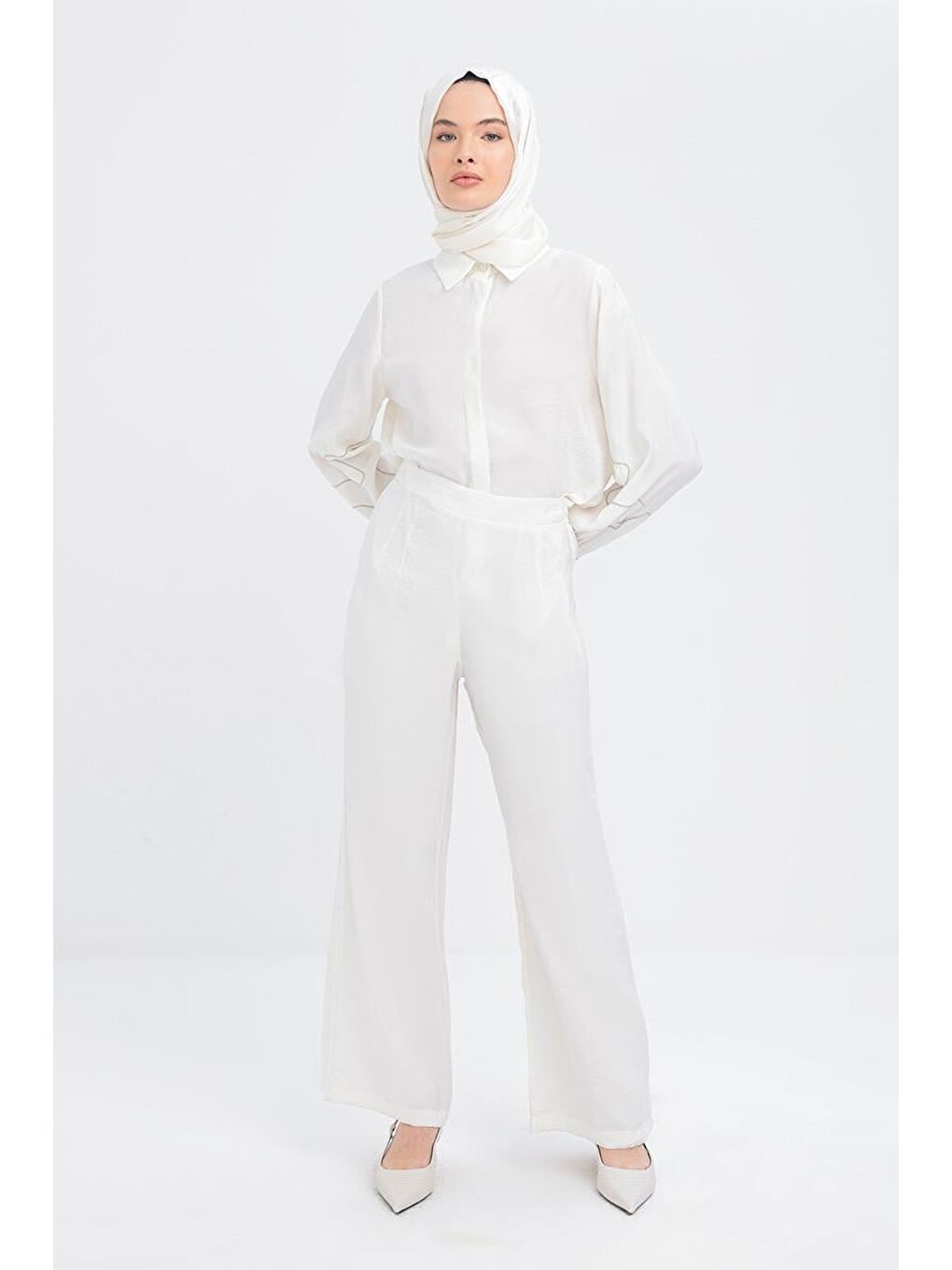 Ekru-Yandan Fermuarlı Modal Geniş Paça Pantolon-1