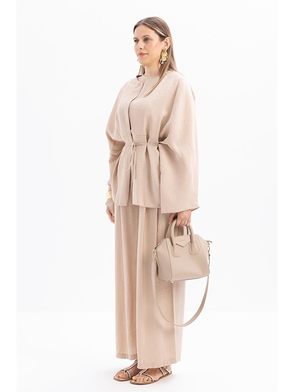 Bej-Belden Bağcıklı Modal Kimono-3