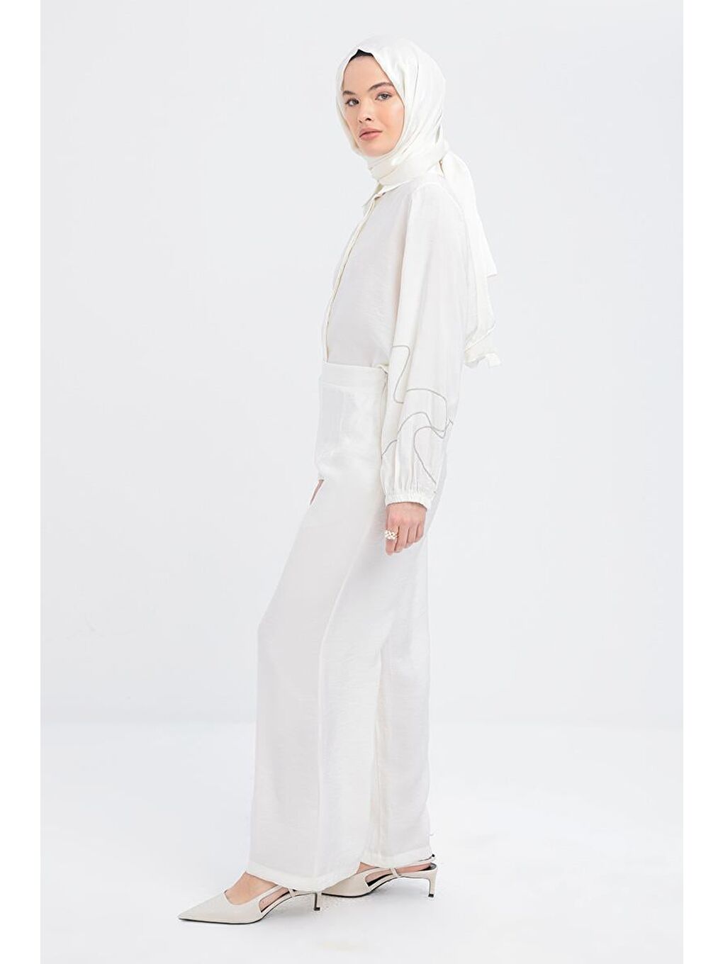 Ekru-Yandan Fermuarlı Modal Geniş Paça Pantolon-2