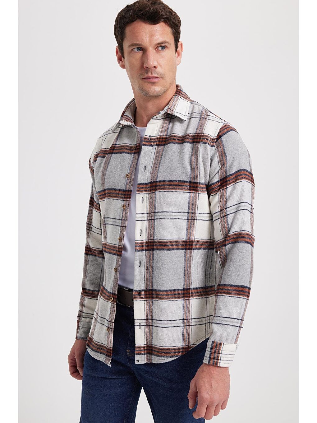 Gri Erkek Slim Fit Dar Kesim Kareli Kışlık Oduncu Gömlek-6