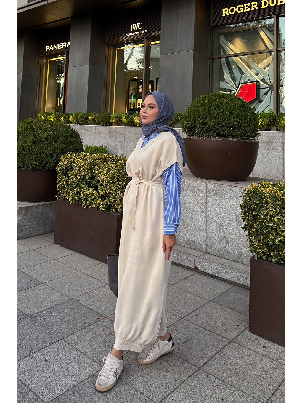 Ekru Kadın Garnili Triko Elbise Krem-3