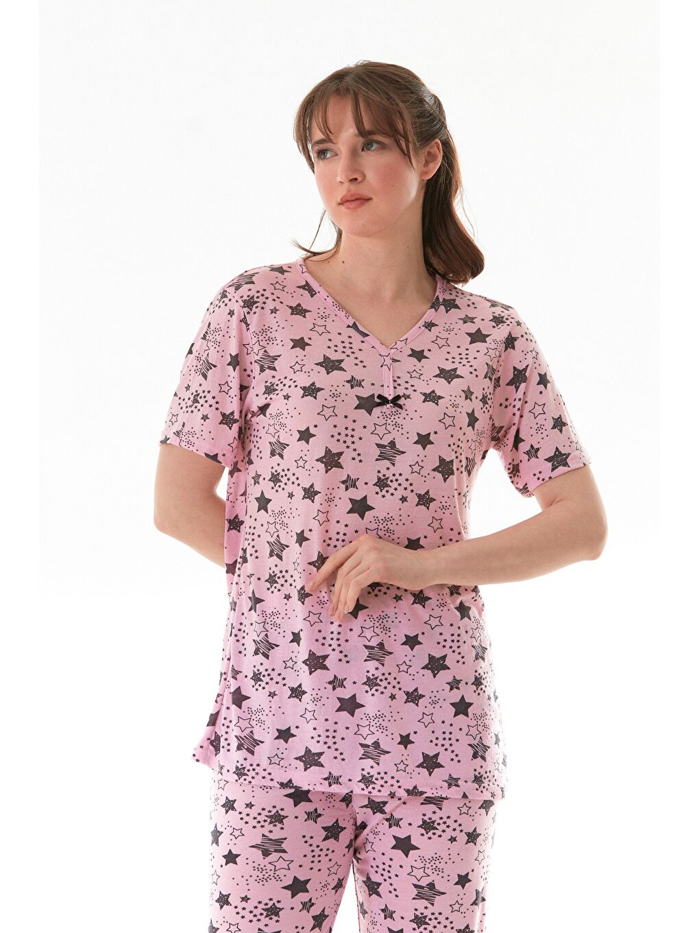 Pembe Fiyonk Desenli Kısa Kol Kapri Pijama Takımı-1