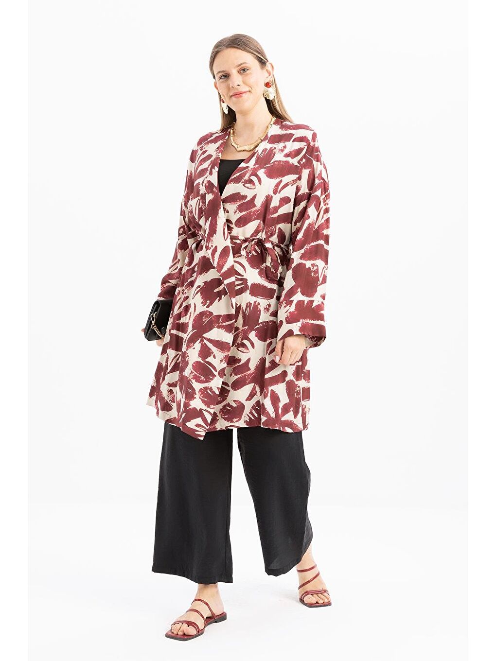 Bordo-Taş-Kruvaze Yaka Desenli Kuşaklı Kimono-1