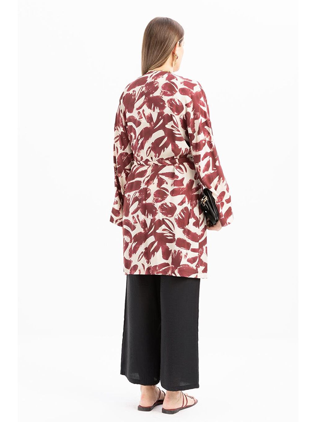 Bordo-Taş-Kruvaze Yaka Desenli Kuşaklı Kimono-3